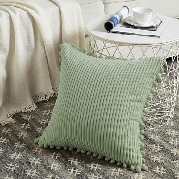 Moss Green Luxury Farmhouse Dorm Velvet Pompom Cute Throw Pillow Cover/CaseSet - Picture 2 of 8